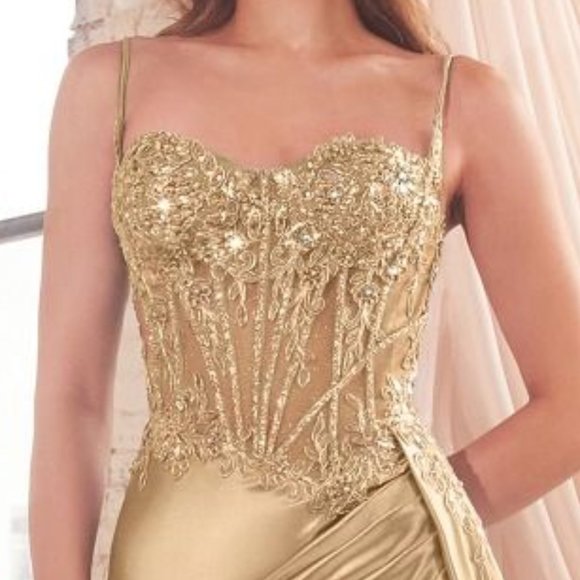 New Gold Sheath Ceremonial Dress w/ Side Drape & Sheer Corset Bodice CD868 - Picture 9 of 10